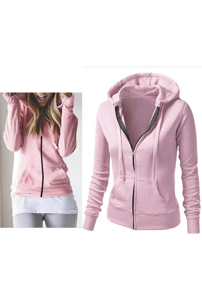 

Chic Hooded Plain Zipper Placket Long Sleeve Jacket, Pink