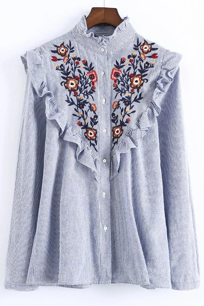 

Petal Stand-Up Collar Long Sleeve Floral Embroidery Women's Ruffle, Gray