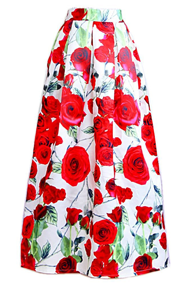 

Floral Printed OL Maxi Skirt for Women High Waist, Red