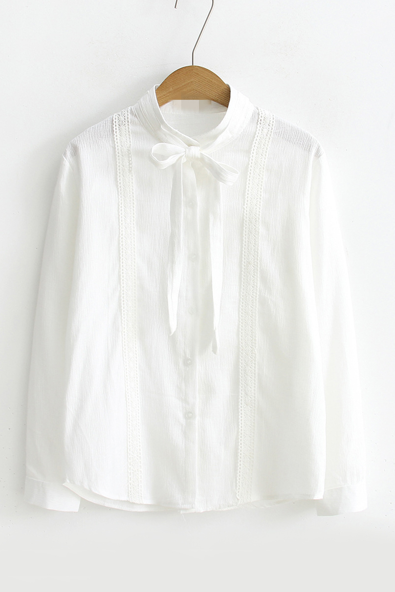 

Bow Tie Collar Long Sleeve Plain White Linen Buttons Down Shirt