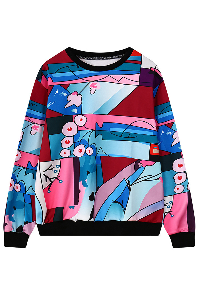 

Round Neck Long Sleeve Pullover Print Sweatshirt, Blue