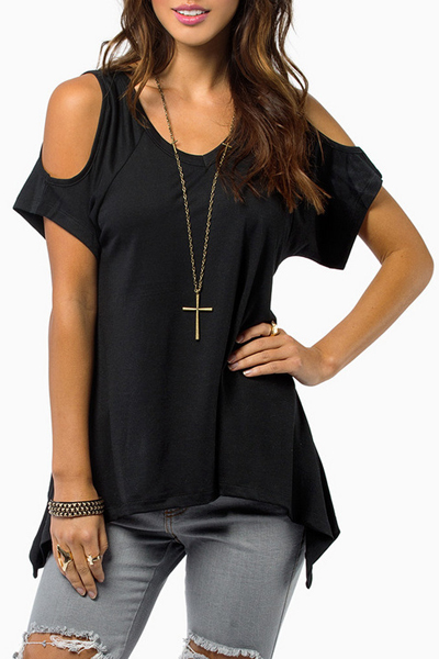 

Sexy Cold the Shoulder Round Neck Short Sleeve Handkerchief Hem Tunic, Black