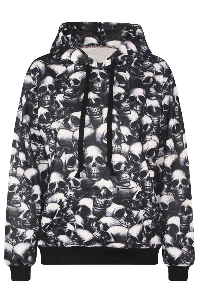 

Hooded Skull Print Long Sleeve Sweatshirt, Black