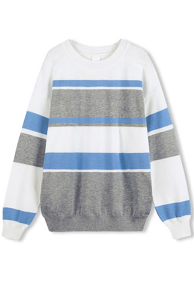 

Round Neck Long Sleeve Stripes Color Block Sweater, Blue