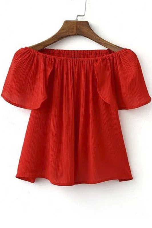 

Off-The-Shoulder Sexy Pleated Plain Crop Top, Red