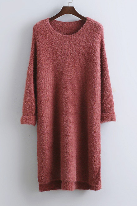 

Loose Pullover Plain Long Sleeve High Low Hem Knit Sweater Midi Dress, Red