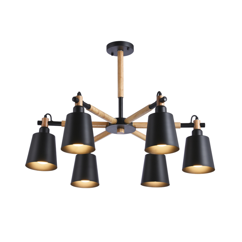 

Contemporary Metal Shade 6-Light Wood Arm Chandelier Industrial Black