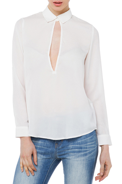 

Lapel Collar Long Sleeve Hollow Out Chest High Low Hem Sheer Blouse, White