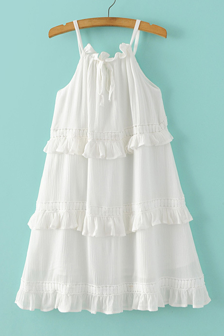 

Summer Ruffle Layered Spaghetti Straps Sleeveless Plain Cami Dress, White