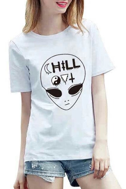 

Funny Printed Round Neck Short Sleeve Summer's Basic Graphic Tee, White