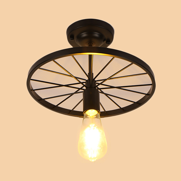 Single Light Open Bulb Ceiling Lamp With Black Wheel Retro Style Metal