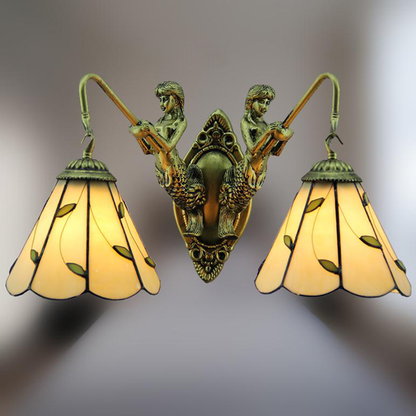 

Mermaid Base 16 Inch Wide Green Leaf Motif Two-light Tiffany Sconce