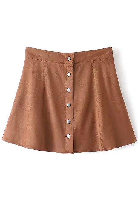 

Khaki Button Fly Suede Flared Mini Skirt