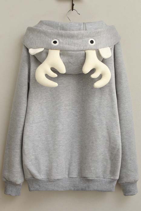 

New Arrival Cute Deer Ears Hoodie with Zipper Front, Gray