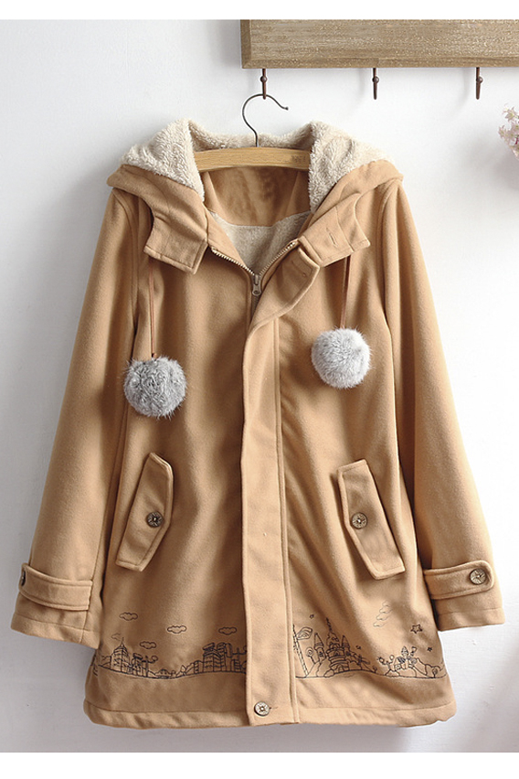 

Women's Hooded Long Sleeve Embroidered Hem Zip Placket Woolen Coat, Khaki