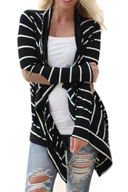 

Striped Color Block Applique in Elbow Open-Front Cardigan, Black