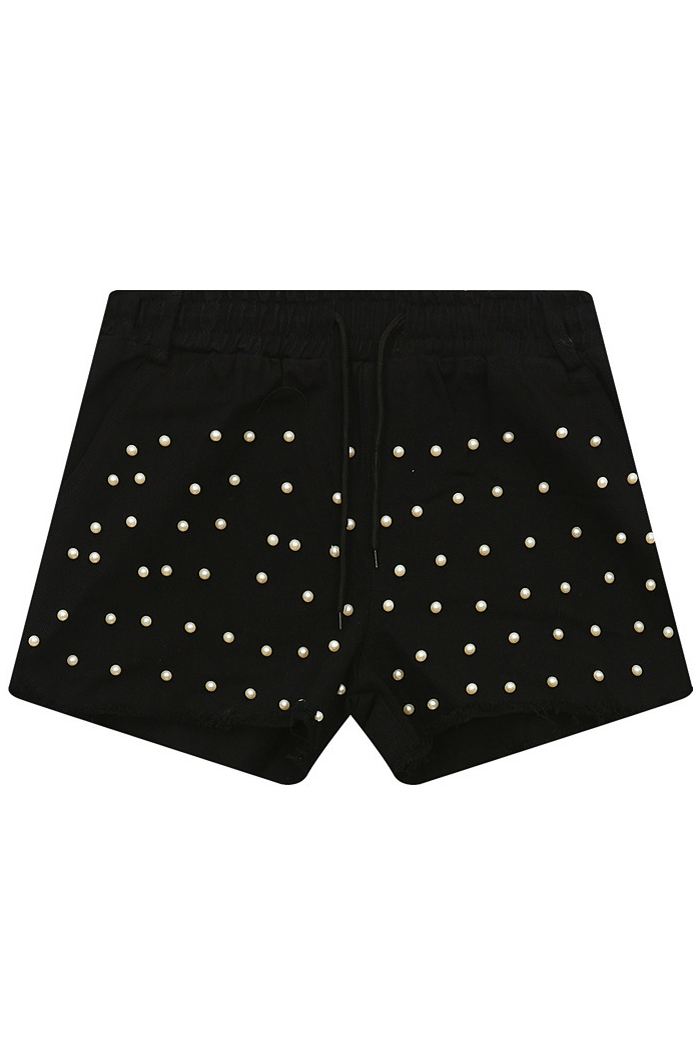 

New Arrival Drawstring Waist Studded Plain Fashion Mid Waist Shorts, Black