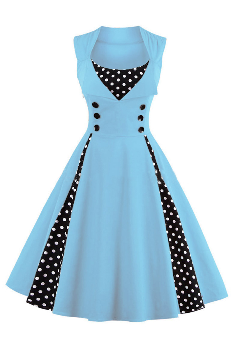 

Retro Stylish Scoop Neck Sleeveless Polka Dots Midi Swing Dress with, Blue