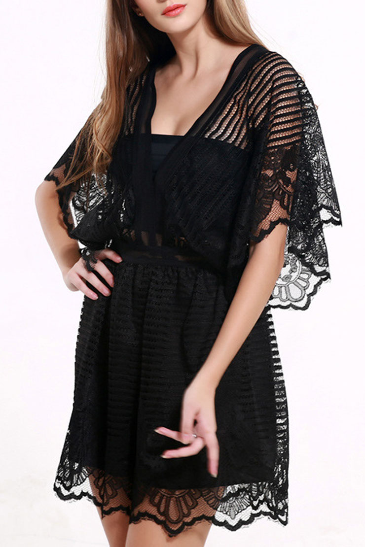 

Sexy Lace Hollow Out Batwing Half Sleeve Plunge Neck Plain Rompers, Black