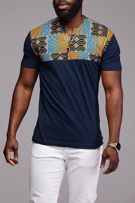 Coolred-Men Folk Style African Flower Printed Plus Size Polo Top Tshirt