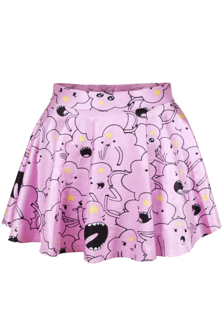 

Cartoon Clouds Print Elastic Waist Mini Flared Skirt, Pink