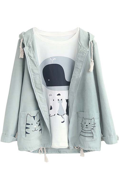 New Arrival Fashion Animal Pocket Long Sleeve Hooded Coat, Blue