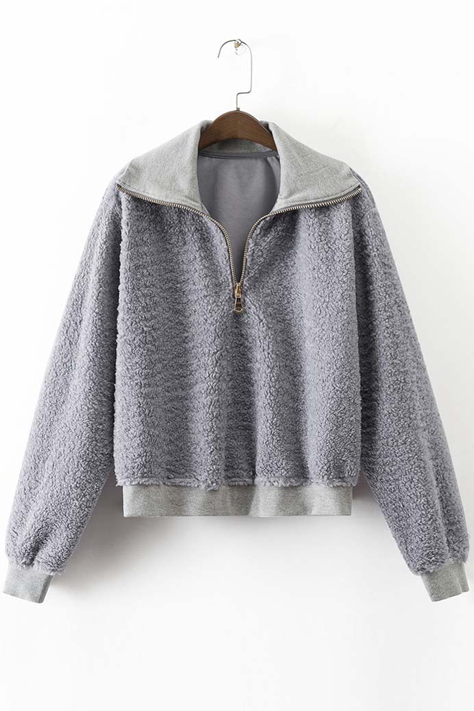 

New Stylish Zip High Neck Long Sleeve Pullover Sweatshirt Covered Faux, Gray