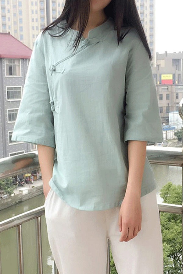 H.Wang Mens Cotton Linen Stand Collar Roll Up Sleeve Frog-Button Shirt