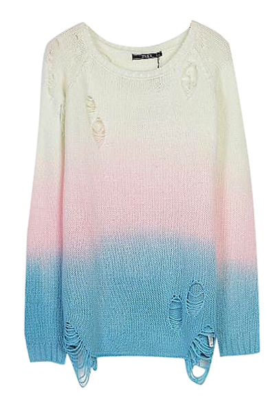 

Off-duty Ombre Shredded Long Sleeve Sweater with Round Neckline, Colorful