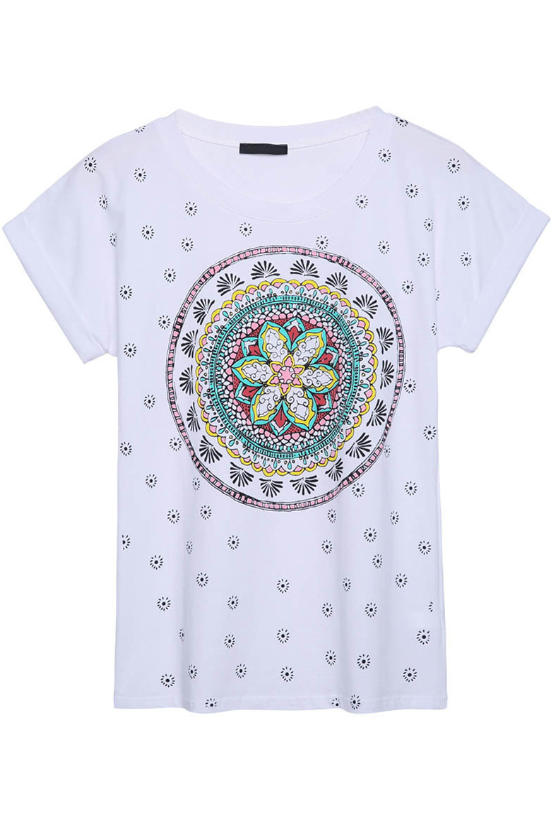 

Vintage Floral Print Short Sleeve Round Neck Tee, White