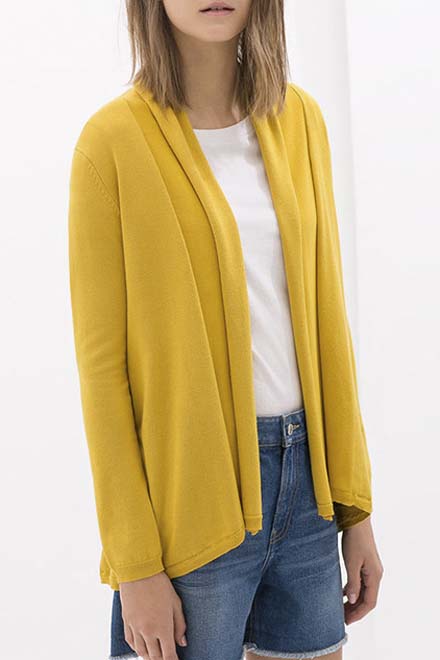 

Women's Solid Long Sleeve Draped Neck Open Front Cardigan, Yellow