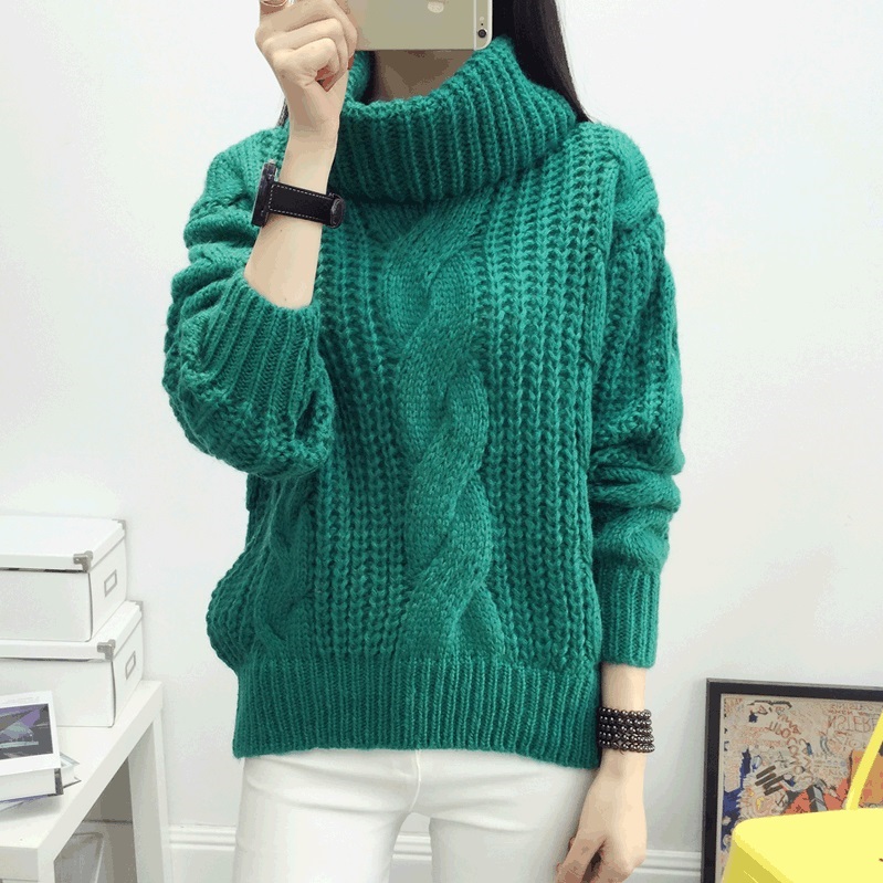 

Women's Turtle Neck Solid Color Cable Knit Sweater, Green