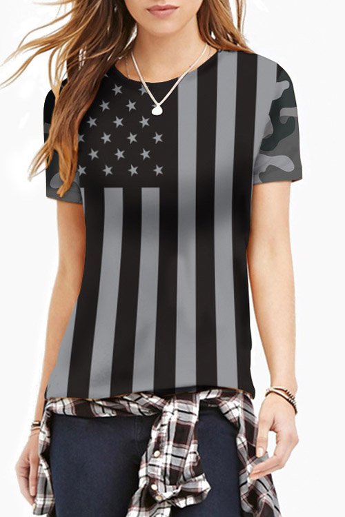 

Women's Fashion Flag Print Round Neck Short Sleeve Basic T-Shirt, Green
