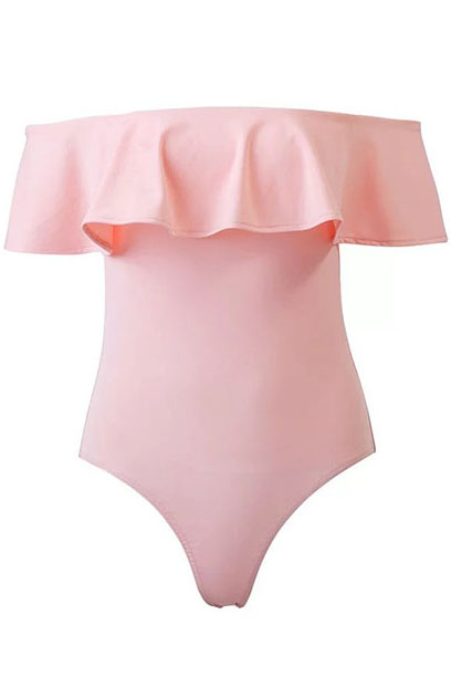 

Boat Neck Ruffle Hem Plain Slim New Arrival Bodysuit, Pink