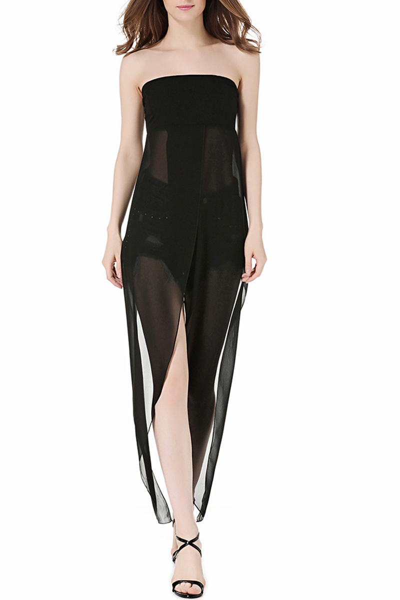 

New Stylish Split Front Sheer Sleeveless Strapless Plain Maxi Tube, Black