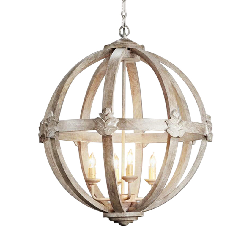 Rustic Style Chandelier Light With Orb, Iron And Wood Orb Chandelier