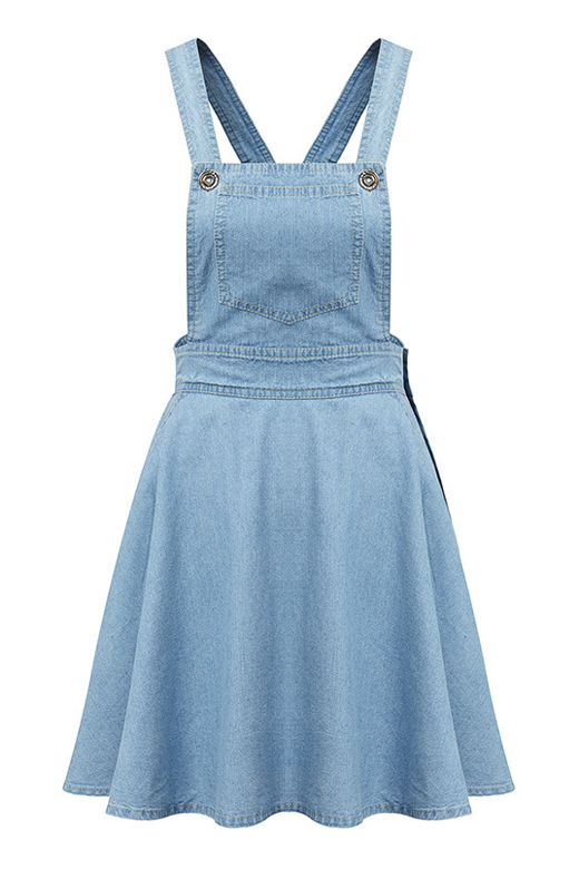 

Light Blue Single Pockets Ruffle Hem Denim Dress