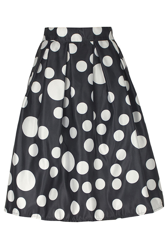 

Women's Polka Dot Printed Pleated Flared A-Line Midi Skirt, Black