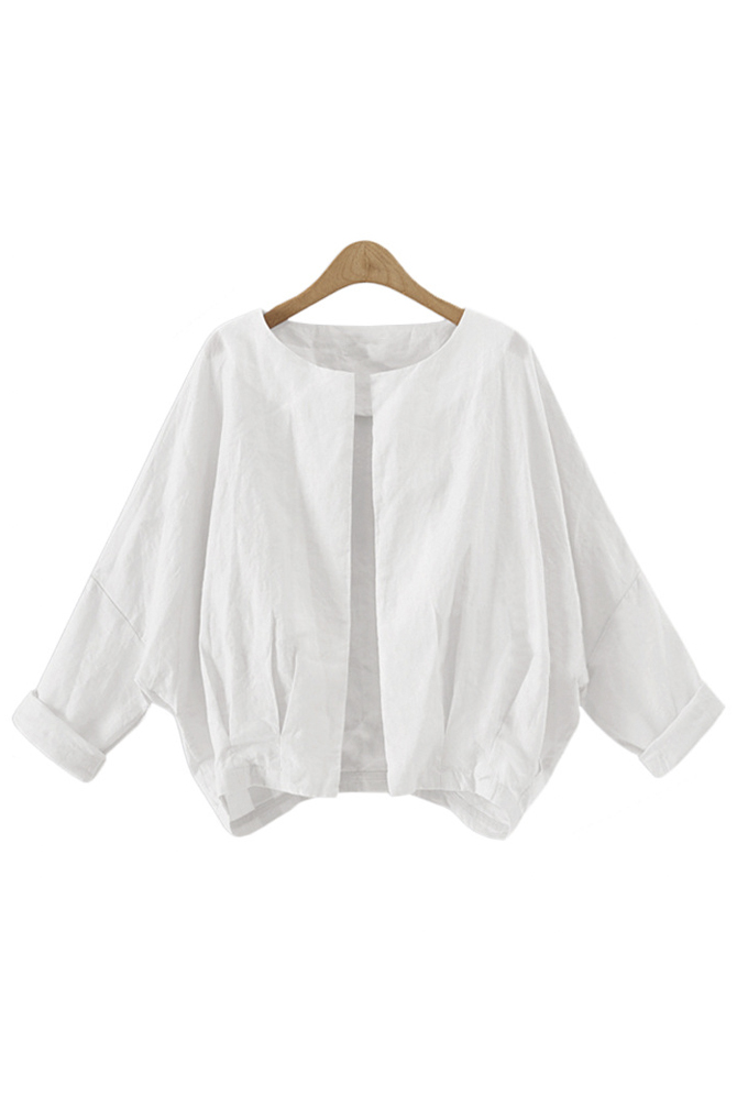 

New Collarless Open-Front Batwing Long Sleeve Plain Coat, White