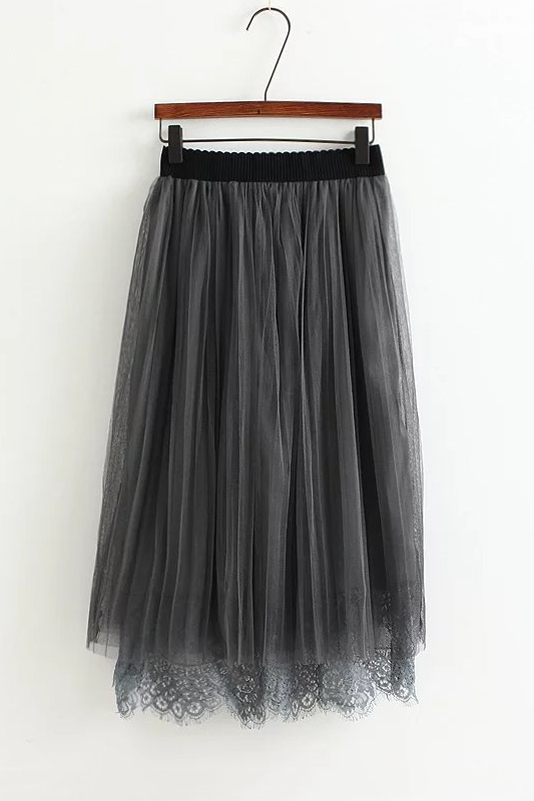 

Contrast Elastic Waist Mesh Lace Patchwork Maxi A-Line Pleated Skirt, Gray