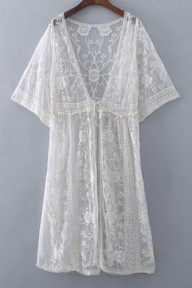 

Women's See Through Lace Mesh Floral Pattern Drawstring Waist Tunic, White