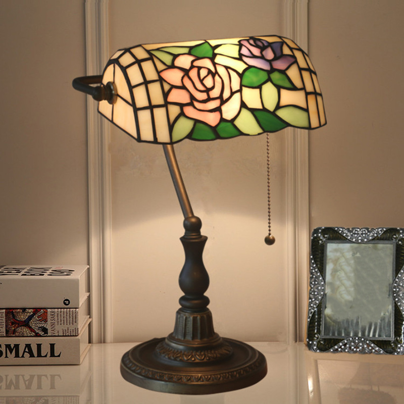 Rose Multicolored Stained Glass Banker, Bronze Stained Glass Table Lamps