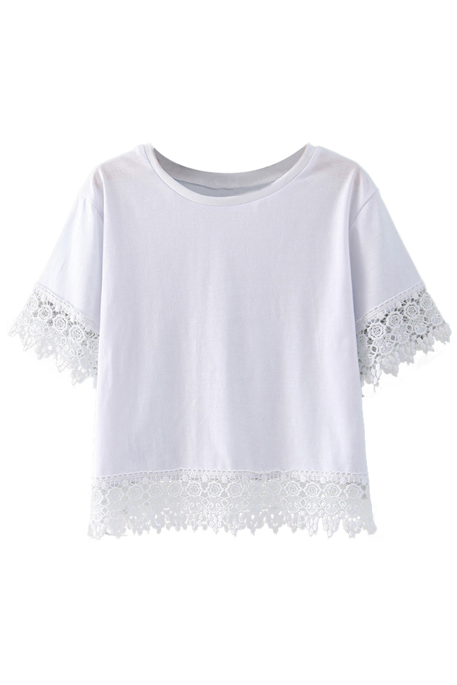 

White Plain Lace Crochet Trim Round Neck Cropped T-Shirt