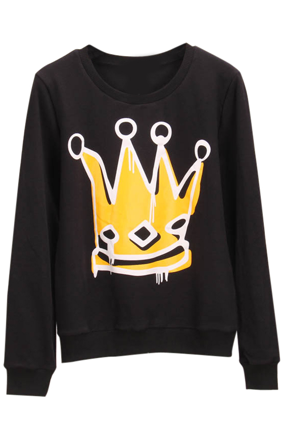 

Crown Print Long Sleeve Round Neck Sweatshirt, Black