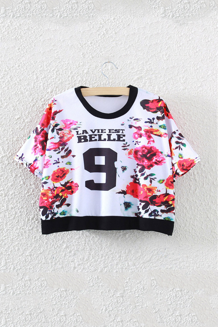 

Women's Slim Hipster Round Neck Short Sleeve Floral Letter Print Crop, White