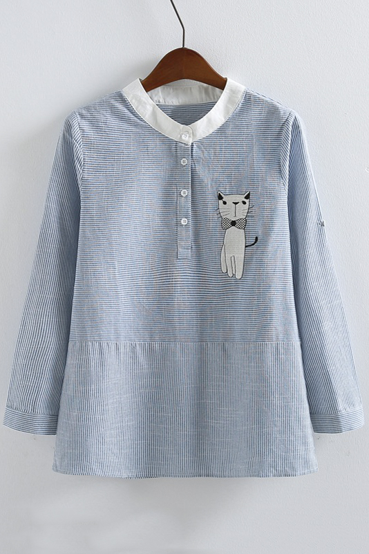 

Women's Buttons Down Front Collarless Long Sleeve Striped Print Cat, Blue