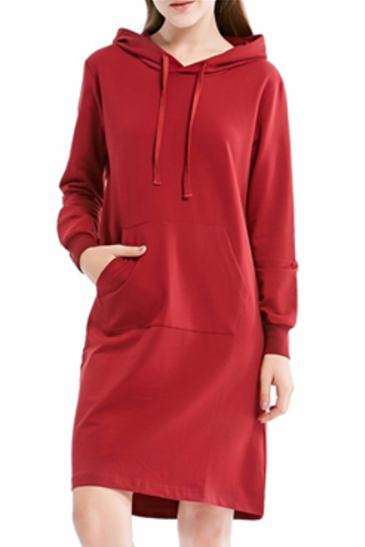 

Women's Fashion Plain Long Sleeve Casual Loose Shift Hoodie Dress, Red