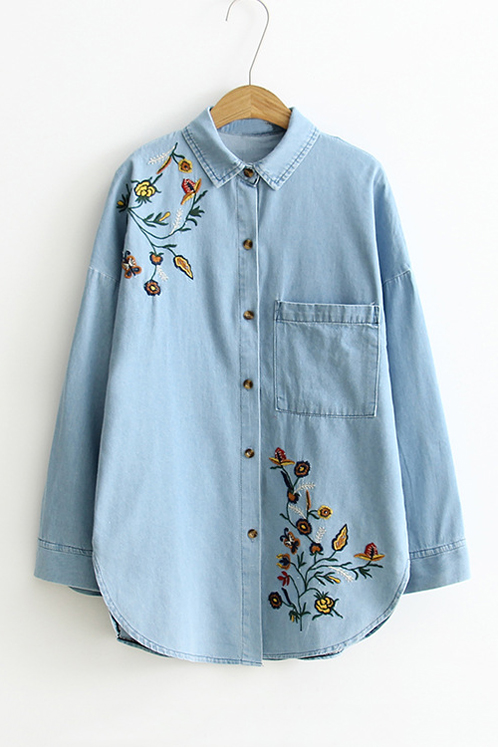 

Embroidery Floral Pattern Single Breasted Batwing Sleeve Lapel Denim, Blue