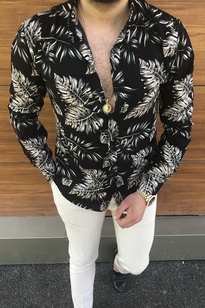 iSovze Casual Mens Summer Autumn Long Sleeve Shirt Fashion Print Button Tops 