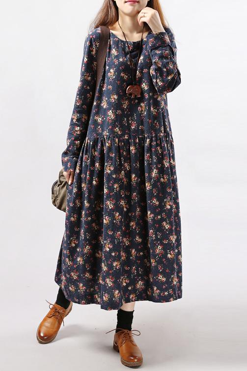 

Floral Print Round Neck Long Sleeve Smock Maxi Dress, Red